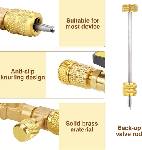 WADEO Valve Core Remover Installer Tool with Dual Size SAE 1/4 & 5/16 Port, 4 Valve Cores with Teflon Seal, Compatible with R22 R12 R407 R410 R404...