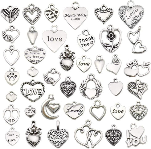 WOCRAFT 100 pcs Mix Antique Silver Heart Beads Charms for Jewelry Making Valentine's Day Wedding Heart Charms (M602-Charms)...