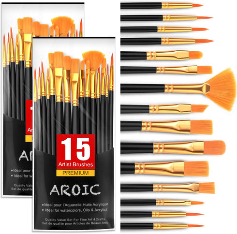 AROIC Acrylic Paint Brush Set,2pack/30pcs Nylon Hair Oil Watercolor Rock Face Painting Artist Paint Brushes, 15 Sizes Paint Brush Set for All Purp...