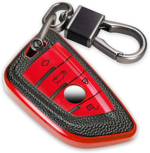 for BMW Keychain with Leather Keychain, Advanced Blade Shape Soft TPU Surface Grain Car Key Case for New BMW Smart Key (Red B)...