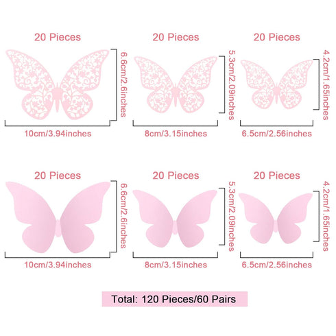 Outus 120 Pieces Pink 3D Layered Butterfly Wall Decor Removable Butterfly Stickers Hollow Mural Decals for Birthday Cake Decorations Crafts Bouque...