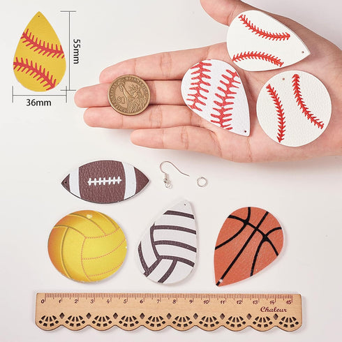 SUNNYCLUE DIY Make 8 Pairs Sport Charms Faux Leather Earring Making Starter Kit American Football Charm Flat Round Baseball Teardrop Charms for Je...