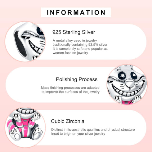 Cheshire Cat Charms 925 Sterling Silver Grin Meow Bead with Purple Enamel for Bracelets...