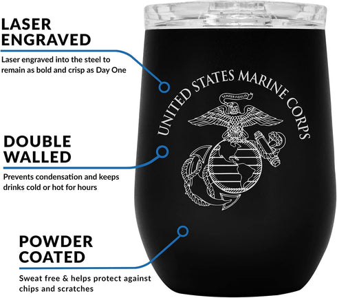 Military Gift Shop USMC Steel Stemless Wine Glass Tumbler, 12 oz Double Wall Vacuum Insulated Outdoor Tumbler–Black with Marine Corps logo | USMC ...