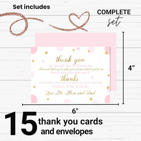 Pink and Gold Baby Shower Thank You Cards with Envelopes - Blank Notes with Prefilled Message for Girls - Personalize Cute Princess Twinkle Star N...