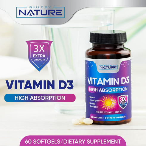 Vitamin D3 High Potency 5000 IU (125 mcg), Bone, Teeth, Muscle & Immune Health Support, Non-GMO, Gluten-Free, 2 Month Supply in Rapid-Release High...