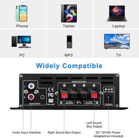 Bluetooth 5.0 Audio Power Amplifier AK-380 400W+400W 2.0 CH HiFi Stereo Amp Receiver with USB,SD,AUX,Remote Control,FM Antenna for Car Home Speake...