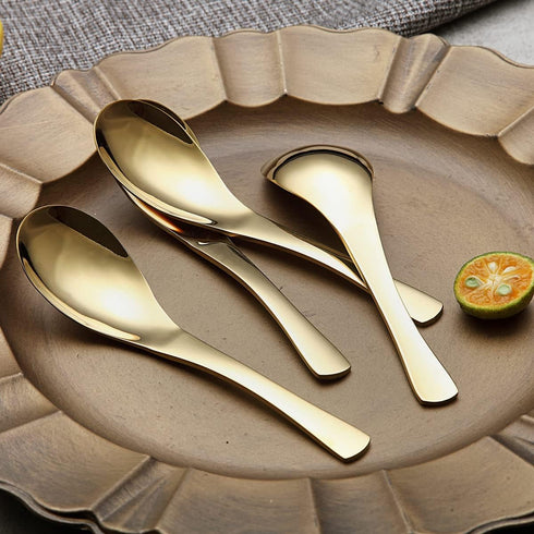 Kyraton Gold Soup Spoons 4 Pieces, Stainless Steel Titanium Plating Thick Heavy Weight Table Spoons, Asian Chinese Japanese Spoon Set for Cereal R...