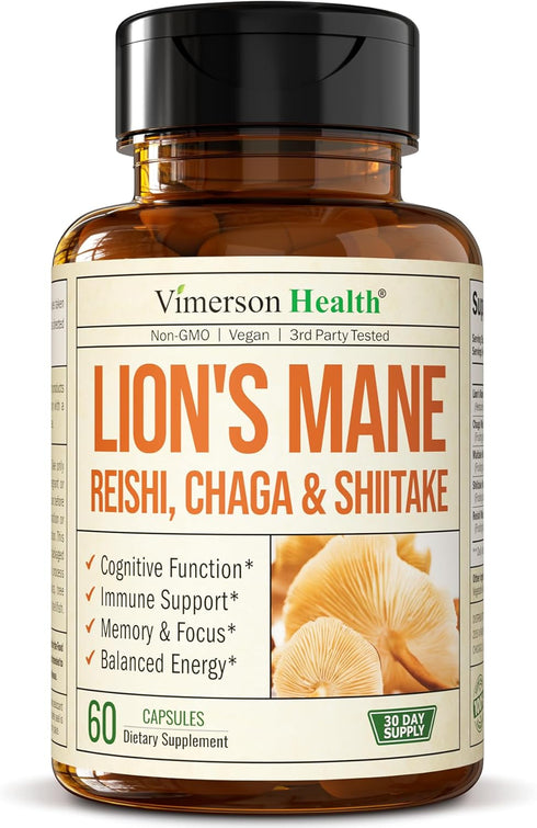 Lions Mane Supplement Capsules - Mushroom Supplement with Shiitake Mushrooms, Reishi Mushroom, Maitake Mushroom & Chaga. 60 High Potency Lion’s Ma...