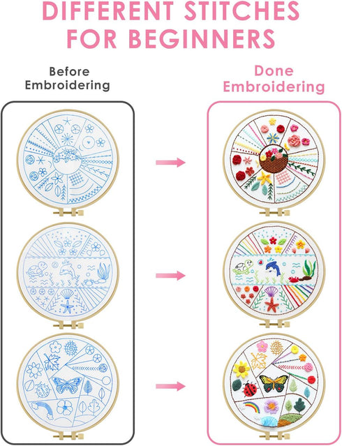 TINDTOP 3 Sets Beginners Embroidery Stitch Practice kit, Embroidery Kit for Beginners Include Embroidery Cloth Hoops Threads for Craft Lover Hand ...