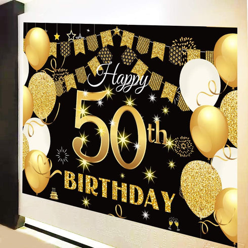 Saliyaa 7x5ft Happy 50th Birthday Backdrop,Happy Birthday Party Decoration, Black Gold Birthday Sign Poster Photo Booth Backdrop Background Banner...