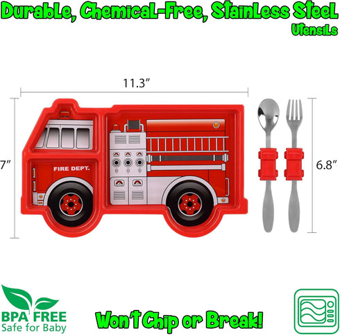 Funwares Fire Engine Kids' Dinnerware Set: Durable, Divided Plate, Ideal for Picky Eaters, Educational Mealtime, Easy Cleaning, Gift For Toddlers...