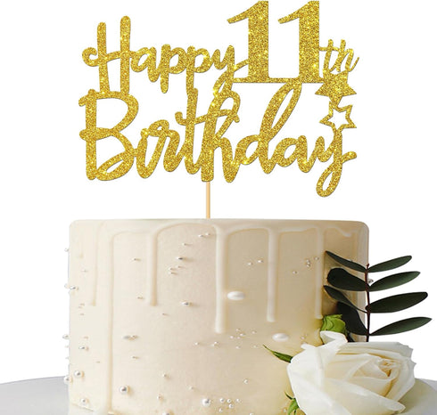Gold Glitter Happy 11th Birthday Cake Topper - 11 Sign Cake Topper - Cheers to 11 Years Party Supplies - 11th Birthday Party Decoration...