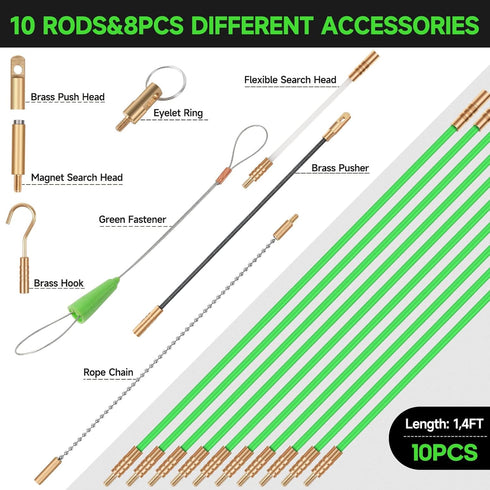 14FT Fiberglass Running Electrical Wire Cable Glow Rods Wire Pulling, Fish Rods Electrical Kit with 8 Different Attachments and Fish Tape Wire Pul...