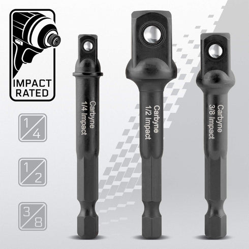 CARBYNE Impact Grade Socket Adapter Set, 3” Extension Bits | 3 Piece Set 1/4”, 3/8” and 1/2” Drive. Adapt Your Drill Driver to a High Torque Impac...