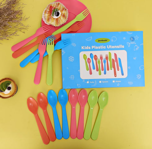 16 Pcs Kids Plastic Utensils, Reusable Toddler Feeding Utensils with 8 Kids Forks and 8 Kids Spoons, Colorful Kids Silverware Cutlery Set for Scho...