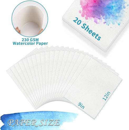 Watercolor Paper, 9" x 12", 20 Sheets Water Color Paper Bulk for Kids Child Students Adults, 110 Lb/230 GSM Thick White Cold Press Watercolor Draw...