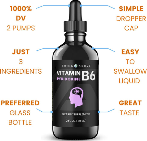 Vitamin B6 Liquid Drops - Pyridoxine hcl - B6 Vitamins Support Brain Function, Immune System, Nervous System and Mood - 17 mg 1000% DV - Gluten an...