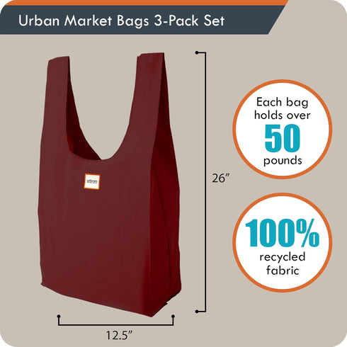 Ocean - 3 Foldable Reusable Shopping Bags in 1 Compact Pouch, Luxury Quality, Durable Fabric, Holds 50+ lbs, Machine Washable, Pouch Fits in Cupho...