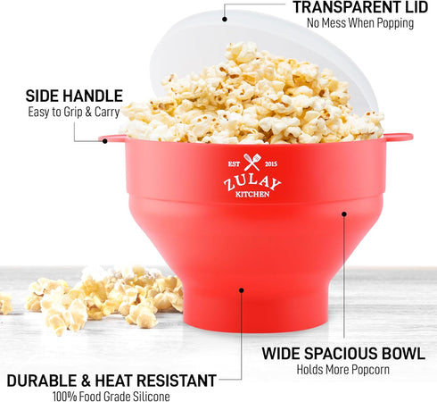 Zulay Microwave Popcorn Popper Bowl Maker with Lid - Collapsible, BPA-Free Silicone, Dishwasher Safe, Wide Spacious Size, No Oil Needed - Family M...