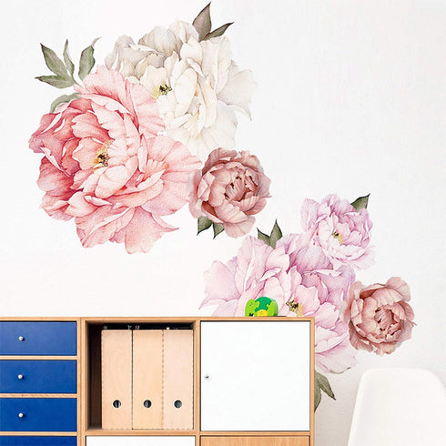 Watercolor Peony Flowers Wall Decals Floral Wall Stickers for Living Room, Delicate White & Pink Flowers Wall Posters Vinyl Blossom Art Applique f...