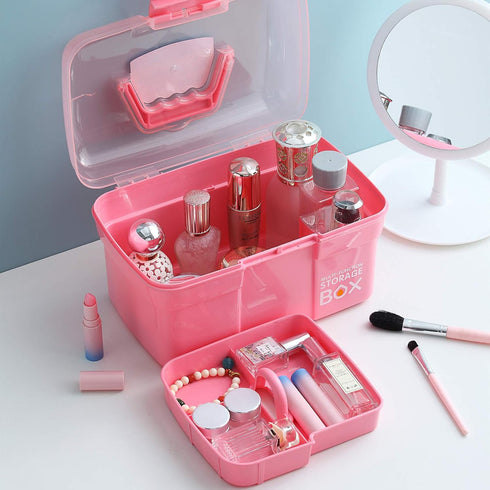 Kinsorcai 11'' Plastic Storage Box with Removable Tray, Multipurpose Organizer and Storage Case for Art Craft and Cosmetic (Pink)...