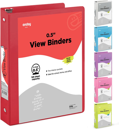 ½ Inch 3 Ring Binder .5 inch Red Clear View Cover with 2 Inside Pockets, Colored School Supplies Office and Home Binders – by Enday...