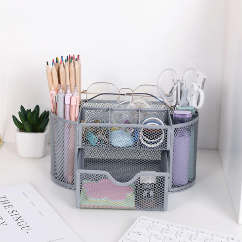 Desk Organizer and Accessories, Grey Desk Organizer with Drawer, Desktop Mesh Pencil Pen Holder with 8 Compartments for Office, Home, School, Clas...