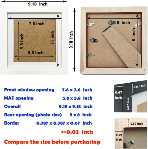 ZXT-parts 8x8 Picture Frames with 6x6 Opening Mat. Square White Photo Frame. Solid Wood Frame. Plastic Panel(Not Glass), The Protective Film Both ...