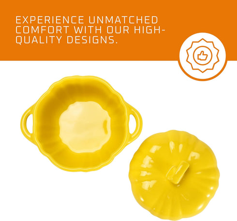 Bruntmor Ceramic Ramekins with lids oven safe - Serving Pot for Food, Soup - Adorable Pumpkin-Shaped Tabletop Decoration - Locks in Flavor with Po...