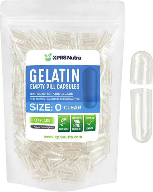 XPRS Nutra Size 0 Empty Capsules - 100 Count Clear Empty Gelatin Capsules - Empty Pill Capsules for DIY Capsule Filling - Pure Bovine Pill Capsule...