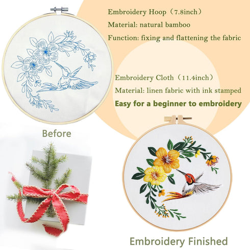 Embroidery Kit for Beginners with Hummingbird Pattern and Instructions,4 Pack Cross Stitch Kits,2 Wooden Embroidery Hoops,Threads and Needles,Need...