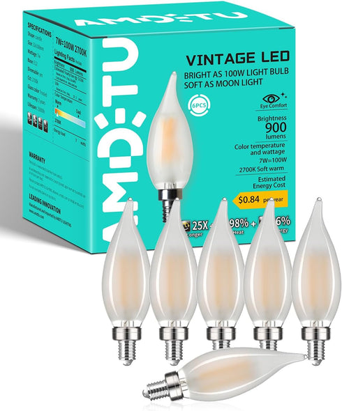 AMDTU E12 LED Bulb 100 Watt, Frosted Candelabra LED Light Bulbs, Dimmable Chandelier Light Bulbs, 2700K Soft White Light Bulbs Warm, 7W Equal 100W...