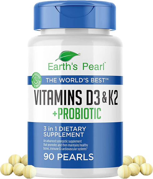 Earth's Pearl Vitamin D3 K2 5000 IU - 3-in-1 Vitamin K2 D3 Probiotics for Women and Men - 90 Day Supply K2 D3 Vitamin Supplement 5000 IU - Gut Hea...
