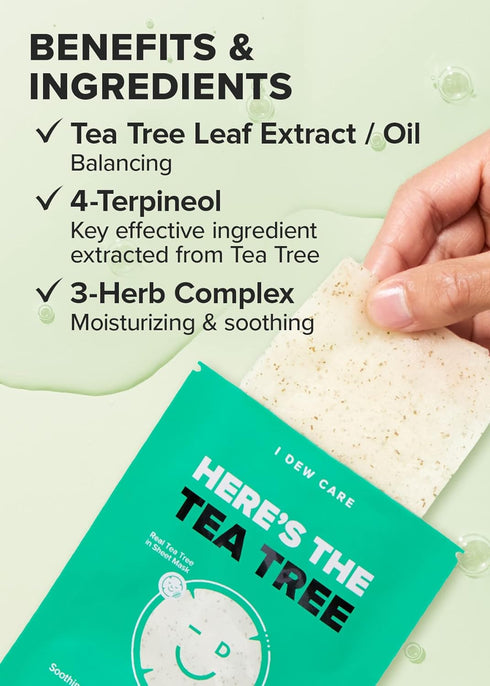 I DEW CARE Sheet Mask Pack - Here's The Tea Tree | with Tea Tree Leaf Extract, Soothing, Balancing Korean Face Mask Set for Oily & Sensivitive Ski...