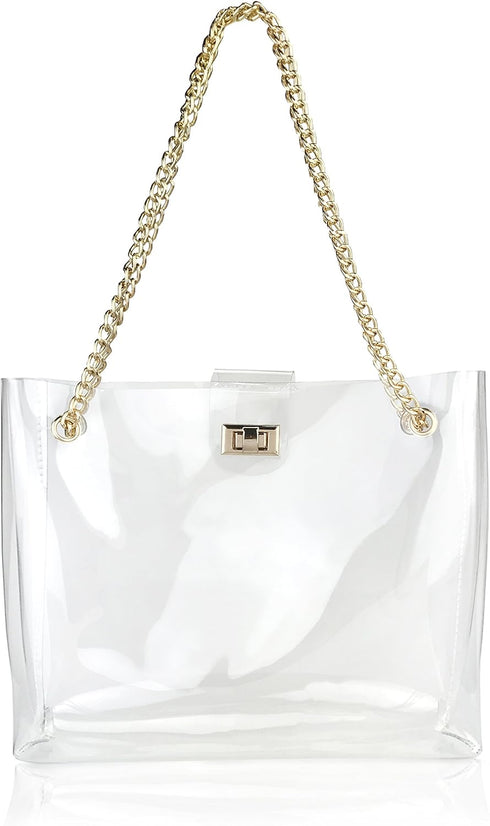 Multifunction Clear Chain Tote with Turn Lock Womens Shoulder Handbag...