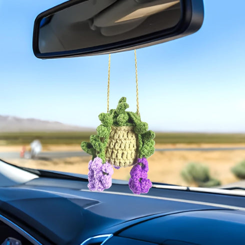 Crochet Hanging Plant for Car Cute Crochet Hanging Basket Flower Ornament Accessories Rearview Mirrior Handmade Knitted Lovers Gifts (Purple Wiste...