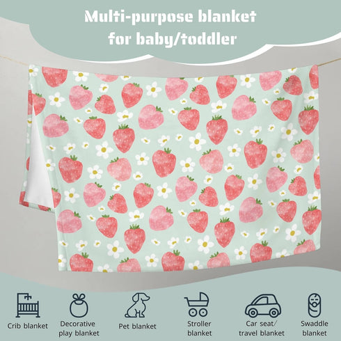 Strawberry Flower Summer Fruit Baby Blanket Girls Gift, Mint Green Pink Strawberries Floral Flannel Fleece Nursery Bed Blankets, Soft Lightweight ...