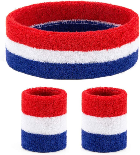 BEFORYOU 2 Sets Striped Sweatbands Set, 2 Pieces Sports Headband and 4 Pieces Wristbands, Colorful Striped American Flag Style for Men and Women...