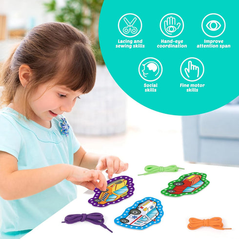 Aizweb Vehicle Lacing Cards,Sewing Cards for Toddlers, Fine Motor Skill Toys,Threading Cards for Preschoolers,Art and Craft for Kids Educational K...