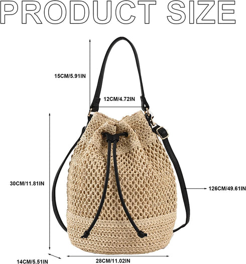 Straw Bucket Bag for Women, Summer Woven Beach Bag Drawstring Hobo Bucket Purses Handbag for Vacation...
