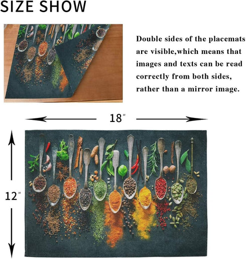 Cooking Herbs Spices Placemats Set of 4 Pepper Chili Table Mats Burlap Placemat Washable Non-Slip Heat Resistant Place Mats for Party Kitchen Dini...