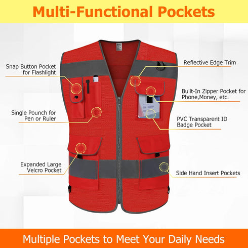 TCCFCCT Mesh Work Vest for Men Women 9 Pockets High Visibility Safety Vest with Reinforced Sewing, Hi Vis Reflective Vest for Workers, Surveyors, ...
