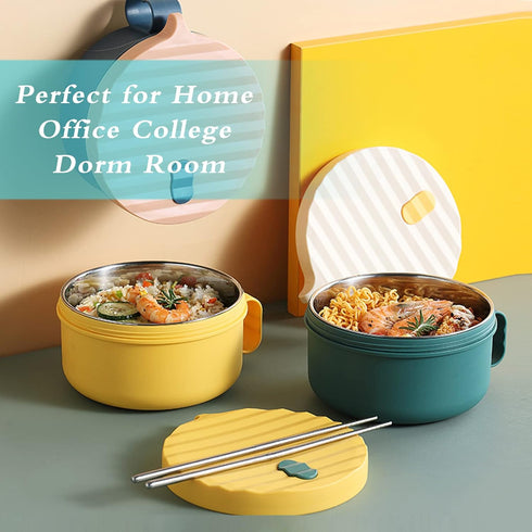 Microwave Ramen Bowl Set Ramen Cooker with Handles Noodle Bowls with Lid and Chopsticks Stainless Steel Liner Dishwasher Safe for Home Office Coll...
