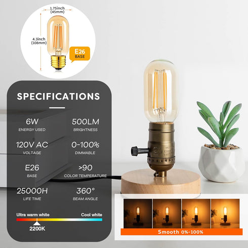 Amber Light Bulb,Dimmable Tubular led Bulb, T45 edison LED Bulbs, 60W Equivalent, 6W 500lm, 2200K Warm White, LED Filament Bulbs with 80+ CRI, Pac...