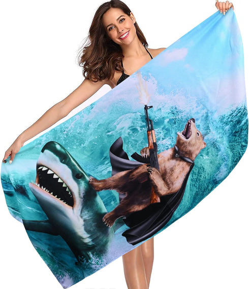 LIVILAN Funny Shark Bear Beach Towel, 30" x 60" Oversized Microfiber, Soft, Quick Dry, Sand Free, Ideal for Bath, Pool, Travel, Unique Shark & Bea...