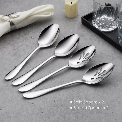 E-far Serving Spoons, 4-Piece Stainless Steel Serving Utensils Set - Solid Spoons x 2, Slotted Spoons x 2, Metal Hostess Serving Tablespoons for C...