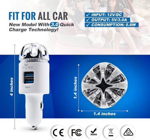 Car Air Purifier 3in1 Premium Stainless Steel HEPA Filter Ionizer w/Dual USB Quick Charge 3.0 USB-Eliminate Allergens Odor Smell, Smoke, Pets, Pol...