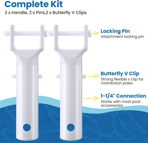 2 Pack Pool Vacuum Head Replacement Handles, Pool Brush Clip Plastic Handles with V Clips and Locking Pins for Pool Spa Vacuum Head and Standard 1...