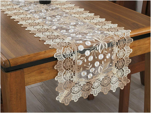 Lace Floral Embroidery Table Runner, Polyester Rectangle Transparent Dresser Scarf for Home Dining Room Tabletop Decoration, 16 x 78 Inches, Red...